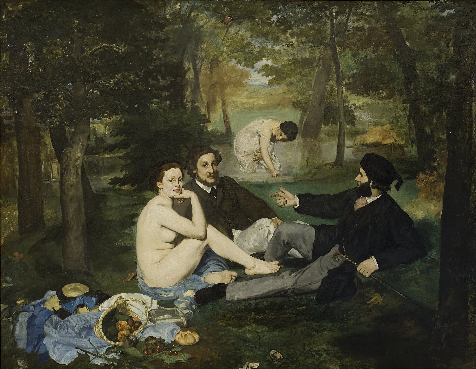 Le Déjeuner sur l'herbe d'Édouard Manet : une femme nue assise dans un sous-bois à côté de deux hommes habillés, une autre femme se baigne à l'arrière-plan.