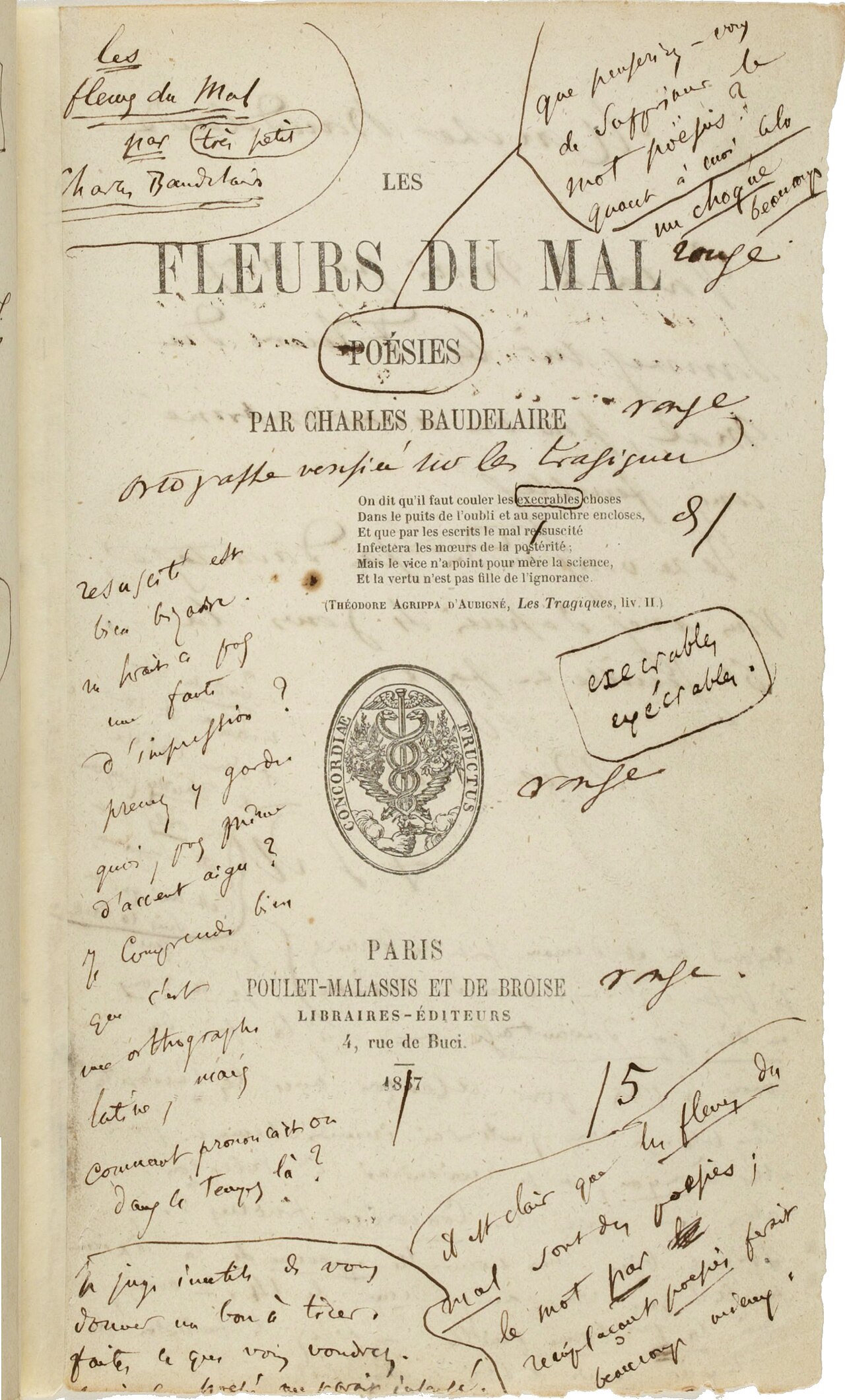 Page de titre de l'édition originale des Fleurs du mal de Charles Baudelaire, 1857, annotée à la main par l'auteur.
