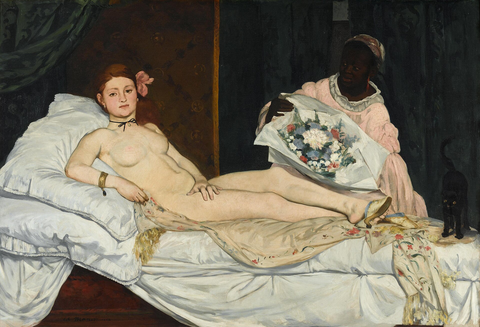 Olympia d'Édouard Manet : une femme nue allongée sur un lit regarde le spectateur, une servante noire lui apporte un bouquet de fleurs, un chat noir se tient au pied du lit.