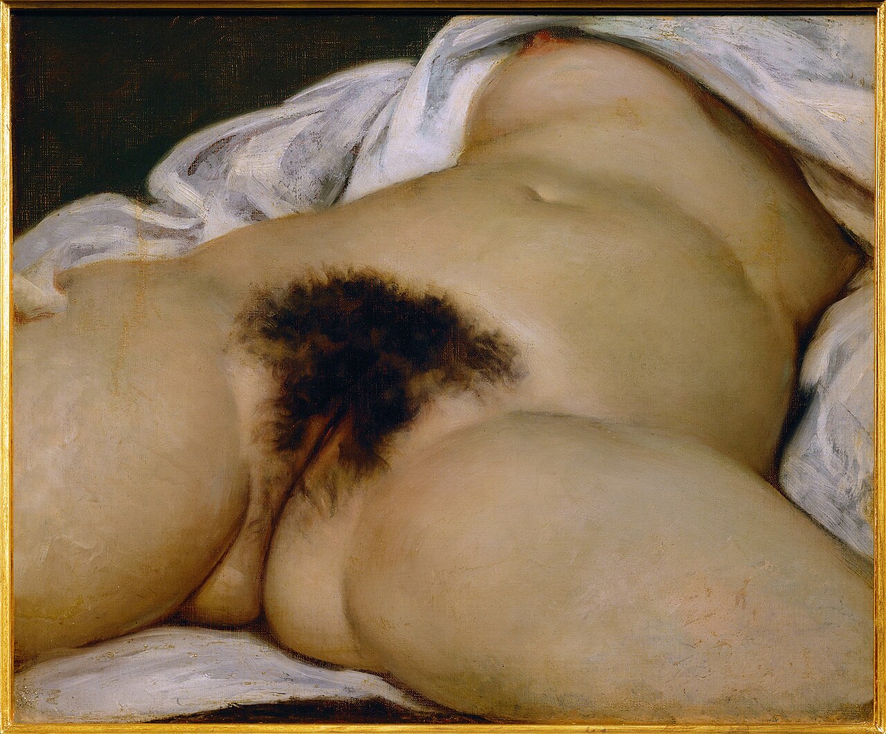 L'Origine du monde de Gustave Courbet : gros plan réaliste sur le sexe et le ventre d'une femme nue allongée.